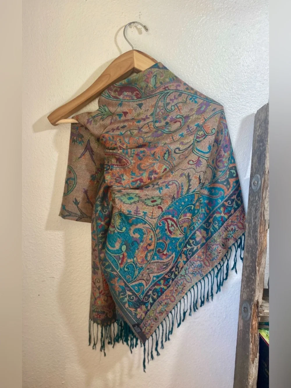 Oversized Paisley Fringe Tapestry Scarf Shawl Fairycore Teal Copper